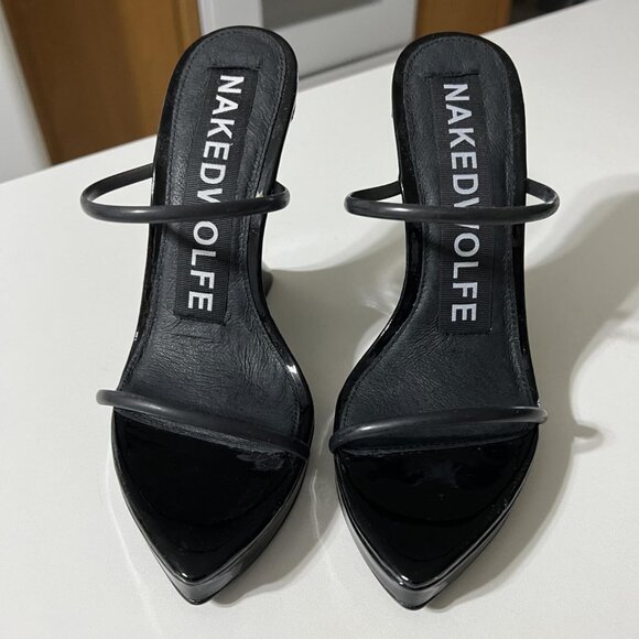 New Naked Wolfe Black Patent Double Strap Wedge Heels Sz 7 Style: Virgin HTF OOP - Picture 7 of 7